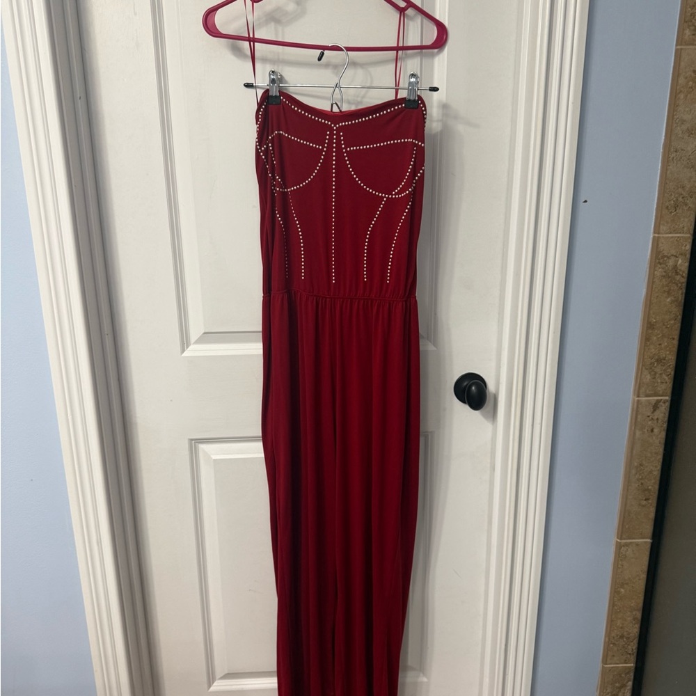 Chic Strapless Red Jumpsuit with Studded Detail